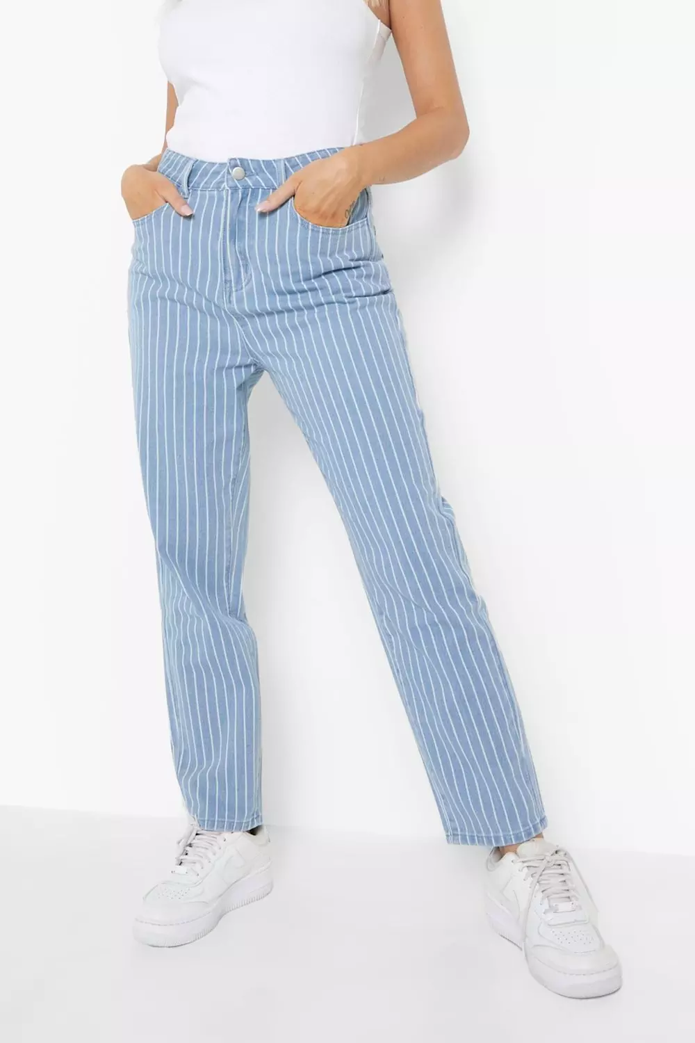 Blue and white store striped mom jeans